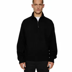 Bon Boiled Wool Quarter Zip Black